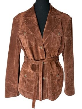 GUILLAUME Brown Washable Suede Jacket Removable Tie Belt Buttons Size Large